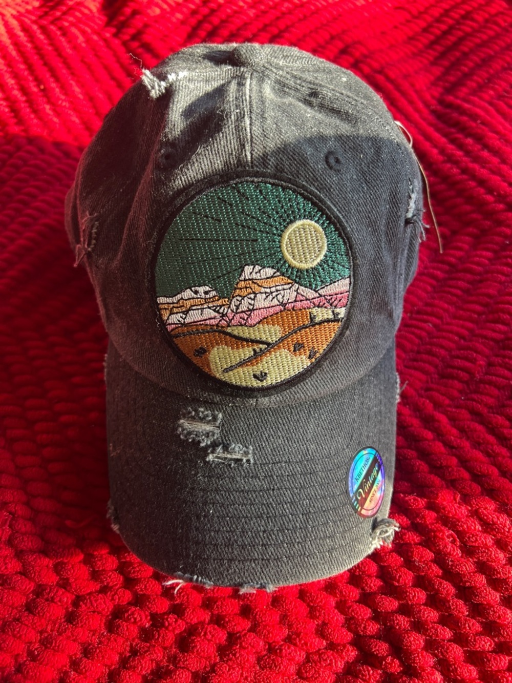 NWT Gray distressed Vintage Style Hat with embroidered mountain scene patch